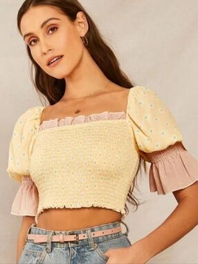 SHEIN Yellow Smocked Crop Top with Pink Gingham Cuffs. Size Small